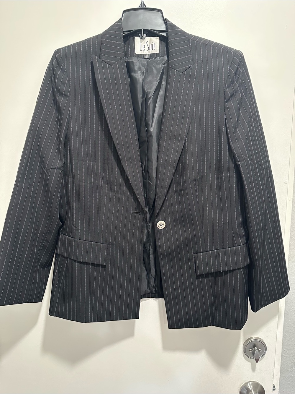 Le Suit Black Pinstripe Blazer suit with matching skirt